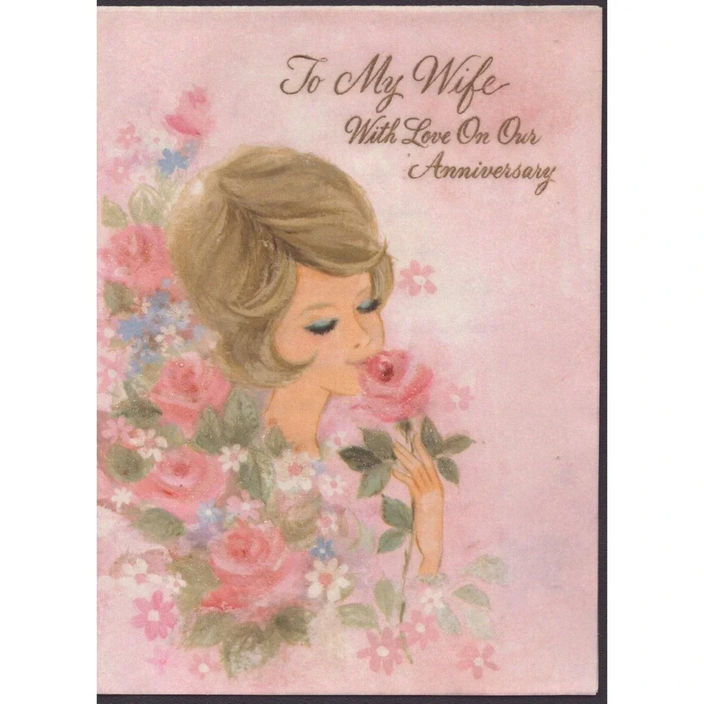 Vintage 1960s Anniversary Card To My Wife Hallmark Pink Roses Mid-Century